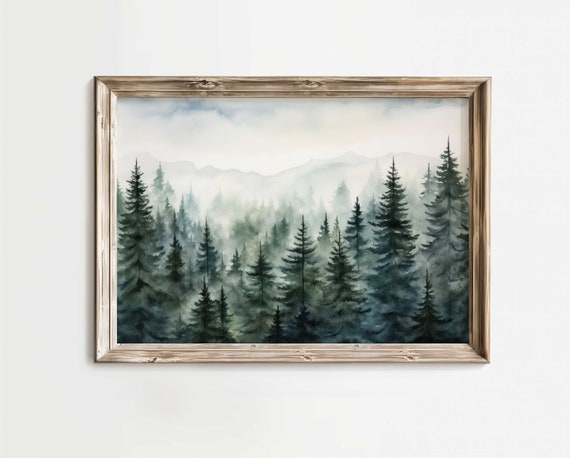 Misty Spruce Fir Pine Tree Forest Watercolor Forest Wall Art Forest Landscape Print Misty Forest Wall Decor Nature Art