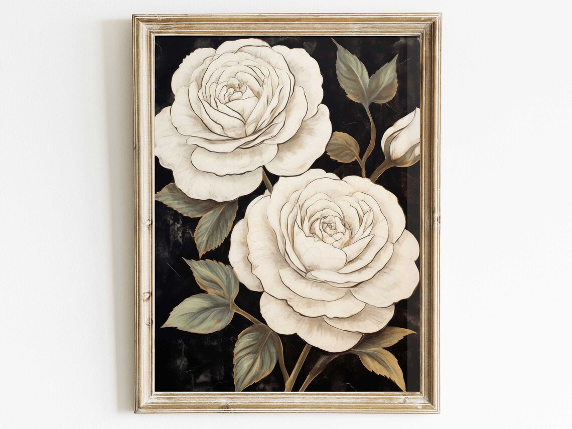 White Rose Painting, Rustic Floral Art Print