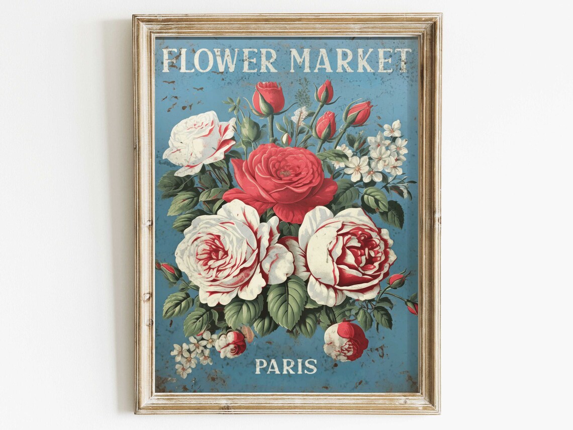 Flower Market Paris Vintage Rose Bouquet Teal Floral Art Print