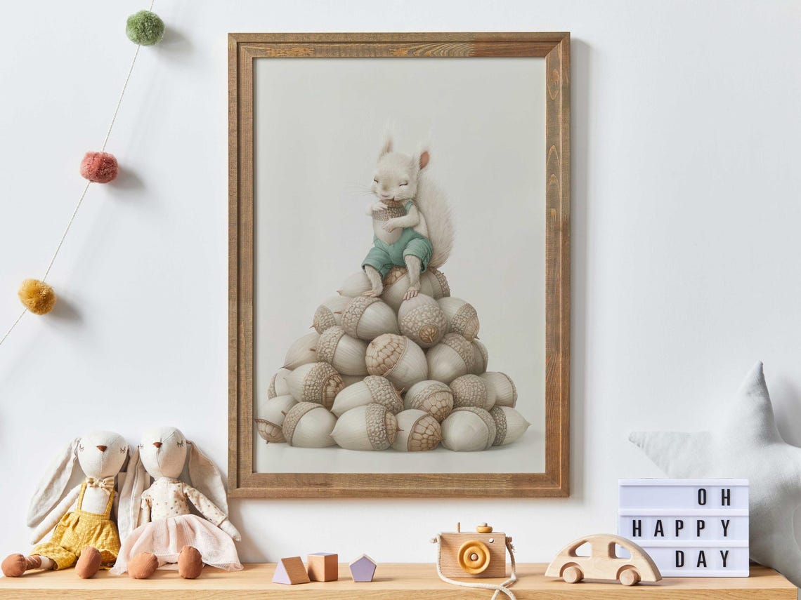 Whimsical White Squirrel in Teal Overalls Atop a Big Acorn Pile Poster