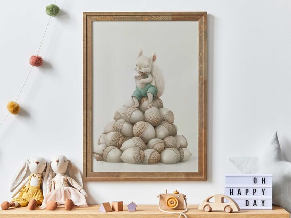 Whimsical White Squirrel in Teal Overalls Atop a Big Acorn Pile Poster