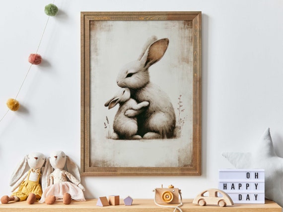 Embracing Bunnies Art Print Mother Baby Bunny Muted Tones Nursery Wall Art Highquality Perfect For Cozy Decor