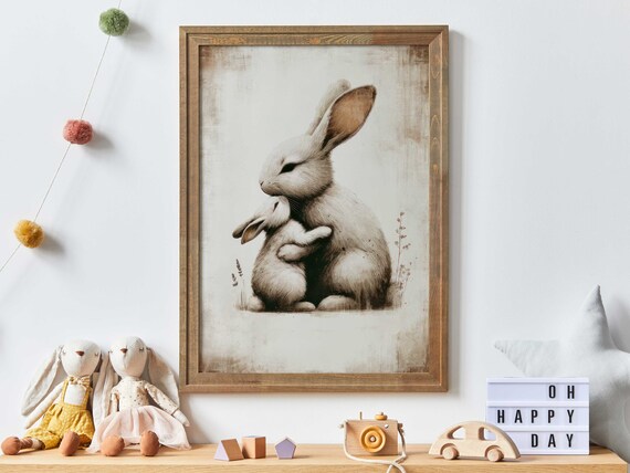 Embracing Mother and Baby Bunny in Muted Tones Nursery Wall Print