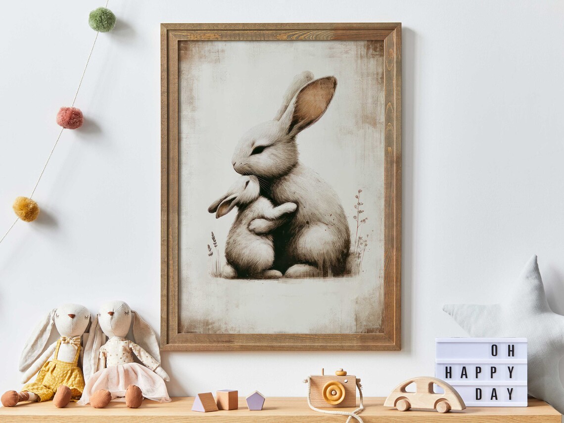 Embracing Mother and Baby Bunny in Muted Tones Nursery Wall Print