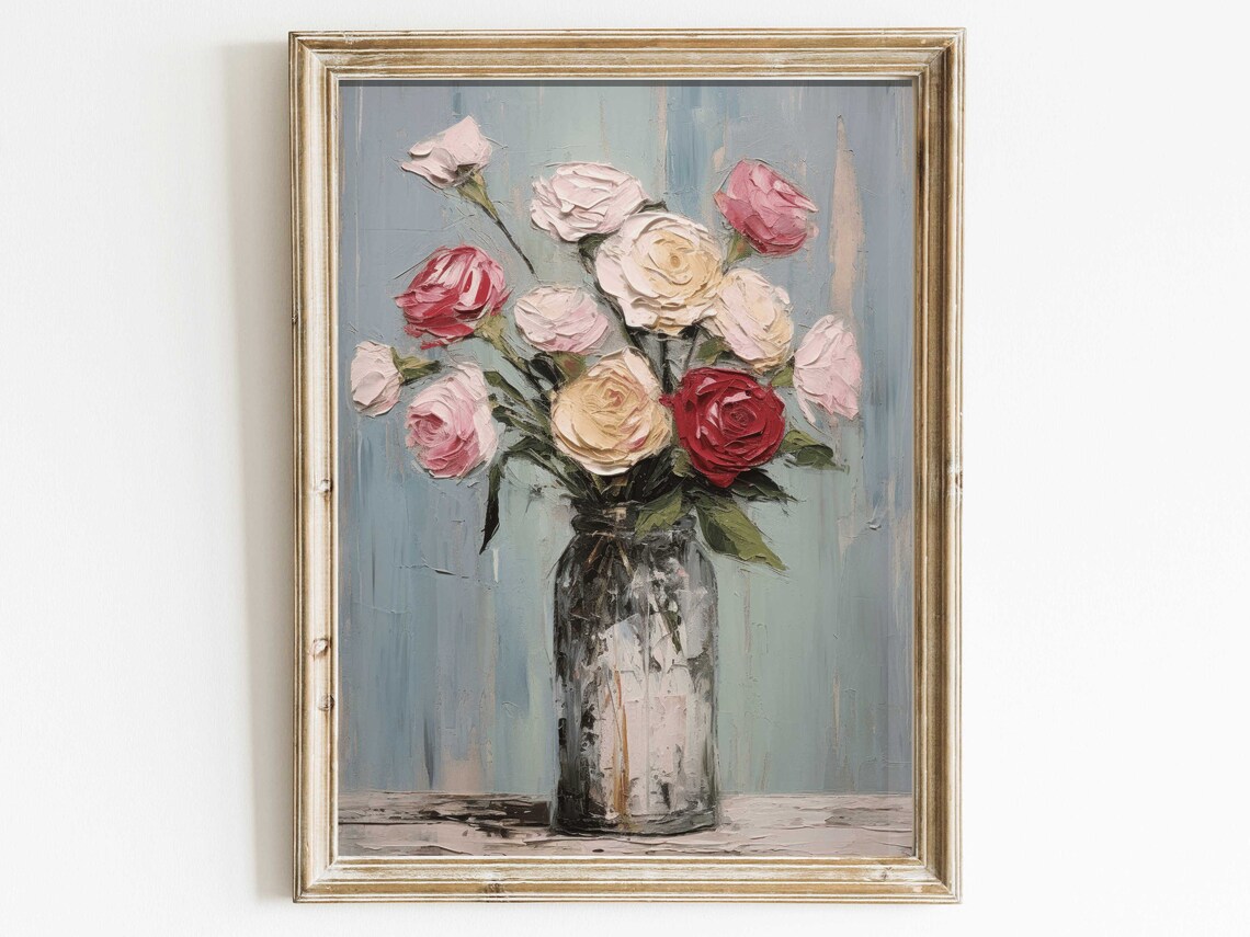 Vintage Pink Rose Bouquet Farmhouse Floral Still Life Art Poster