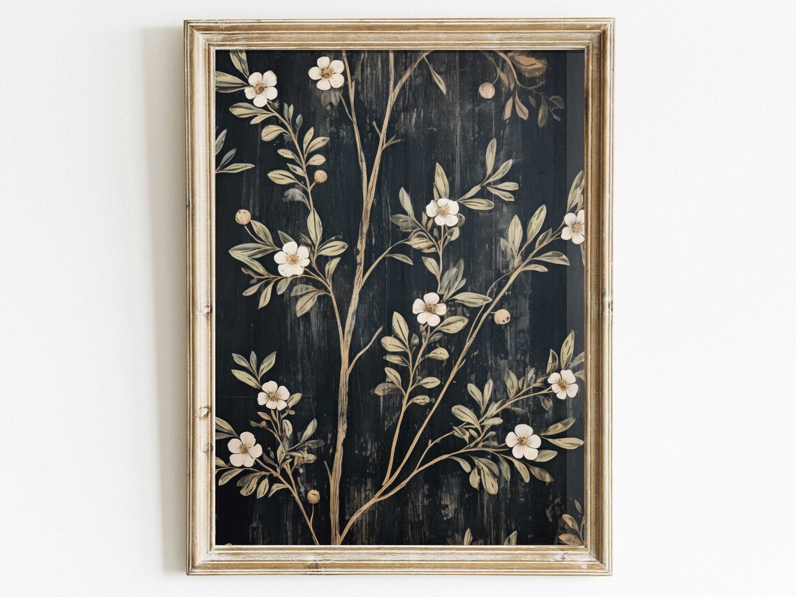 Black Floral Farmhouse Botanical Art Print