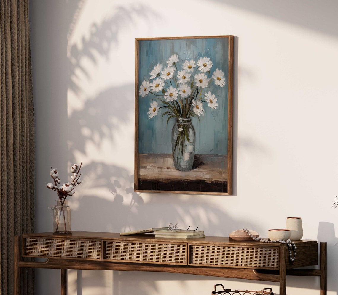 White Daisies in a Glass Jar Against a Blue Painterly Backdrop Poster - Image 2