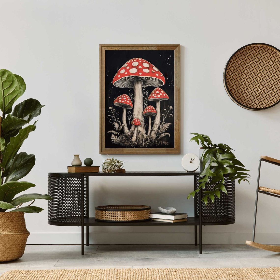 Red Fly Agaric Mushrooms on a Black Vintage Botanical Poster - Image 2