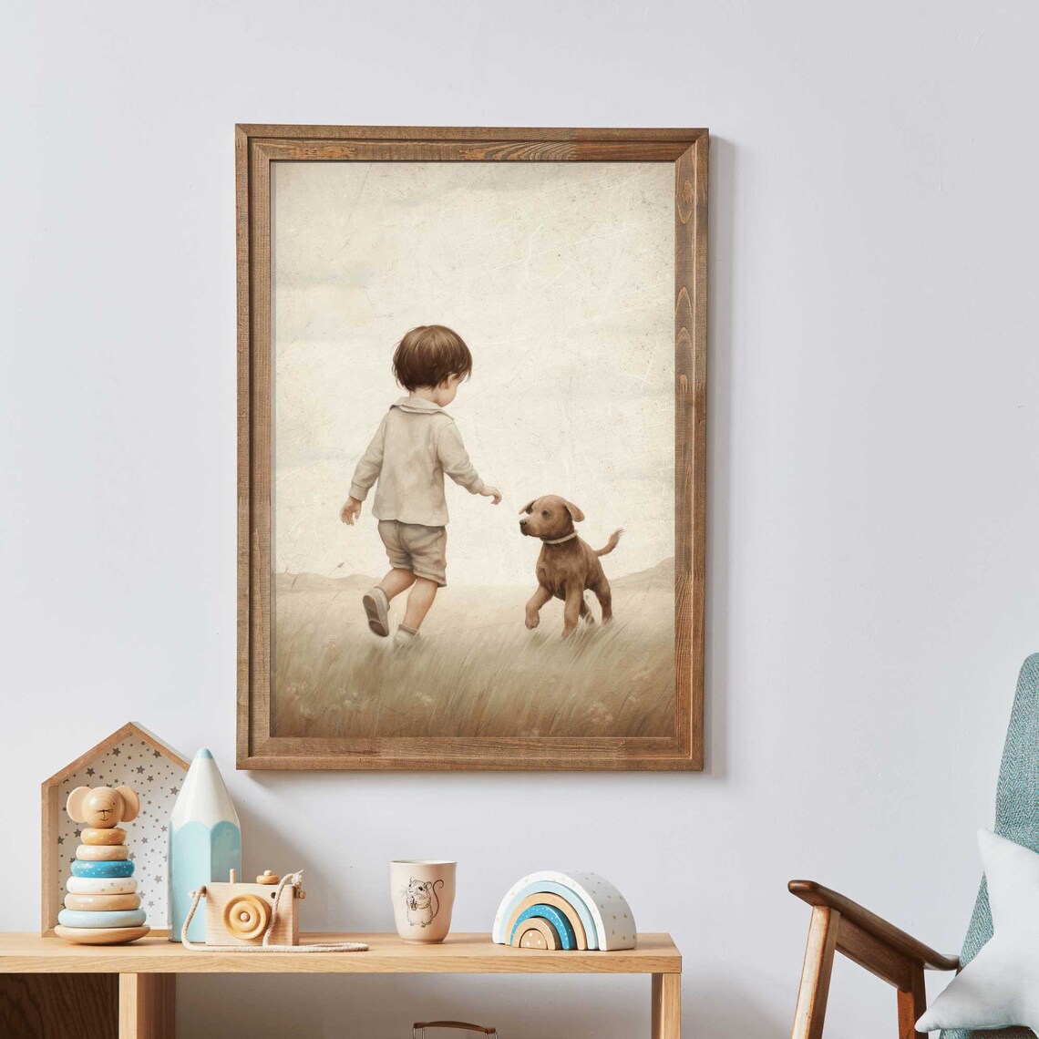 Little Boy Running With Puppy Dog In Golden Meadow Nursery Poster - Image 3