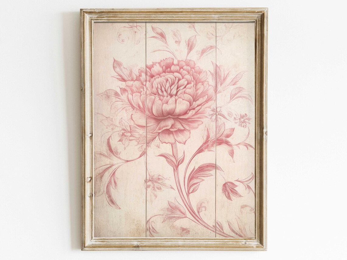 Elegant Pink Peony Engraving Floral Toile Botanical Art Poster