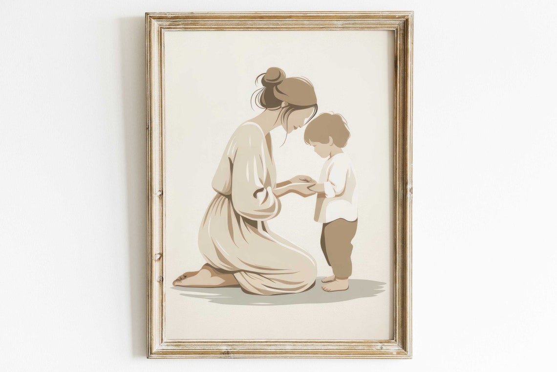 Minimalist Mother And Son Tender Moment Neutral Tone Nursery Poster - Image 3