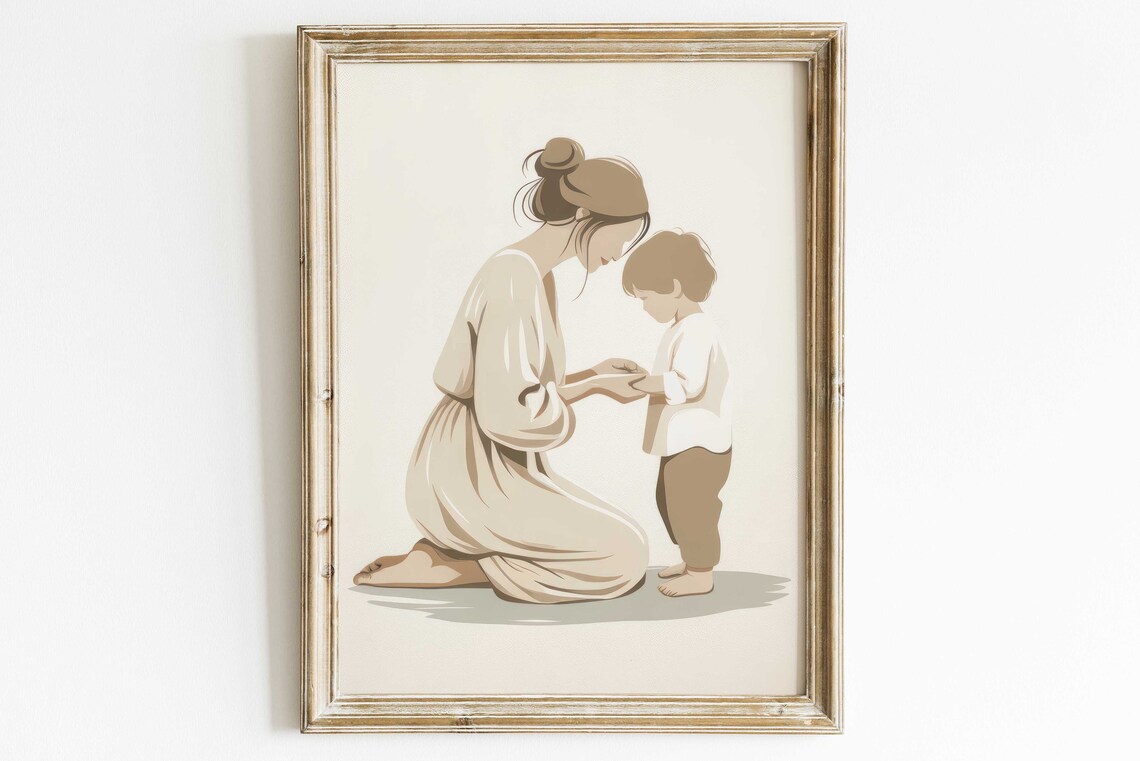 Mother And Son Print Gift For Mothers Mom And Child Art Print Minimalist Mother Portrait Mother Son Bond Art Vintage Wall Art - Image 3