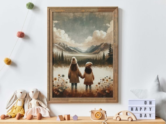 Two Sisters Holding Hands Before Mountain Landscape Art Poster