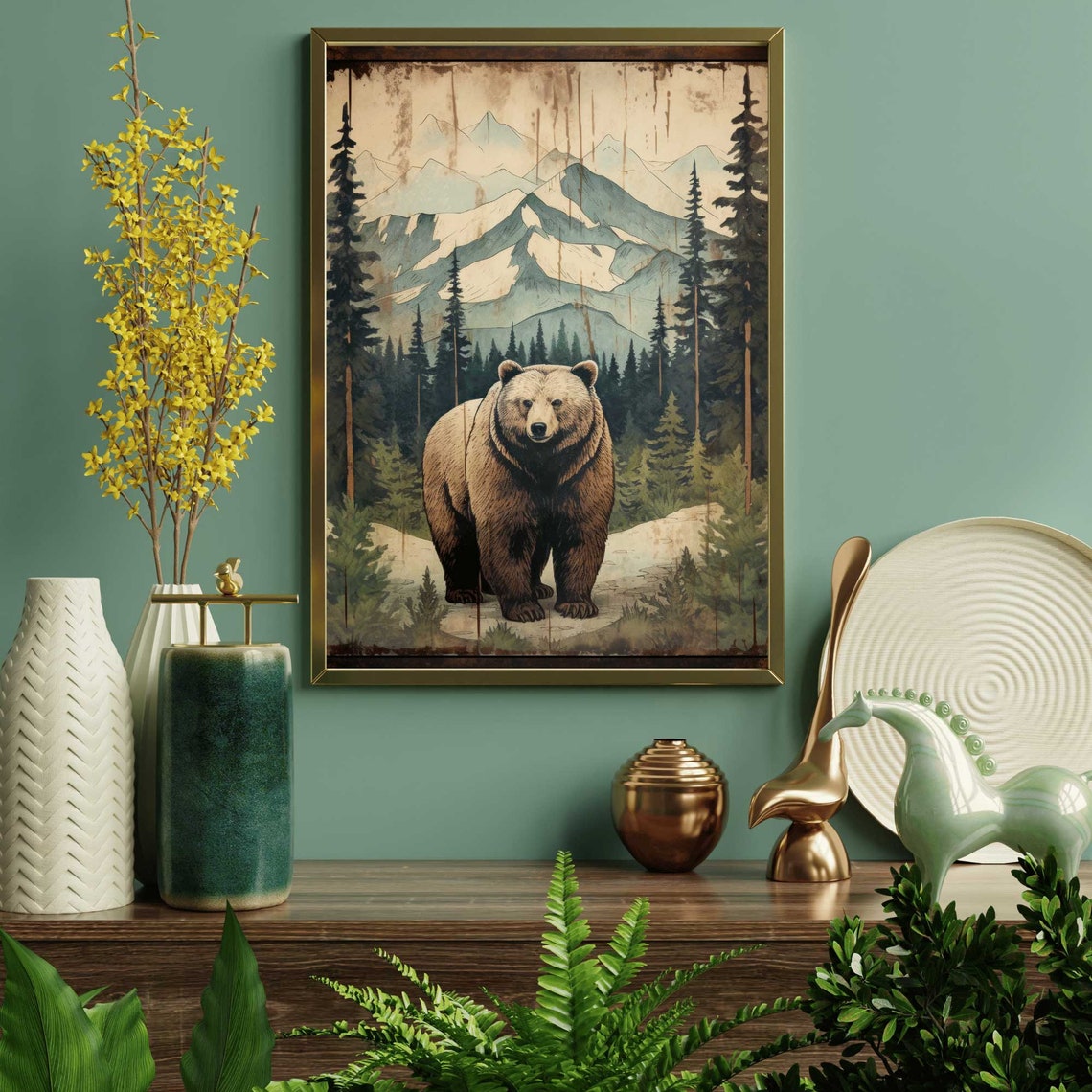 Vintage Brown Bear With Mountain Forest Background Rustic Wildlife Poster - Image 2