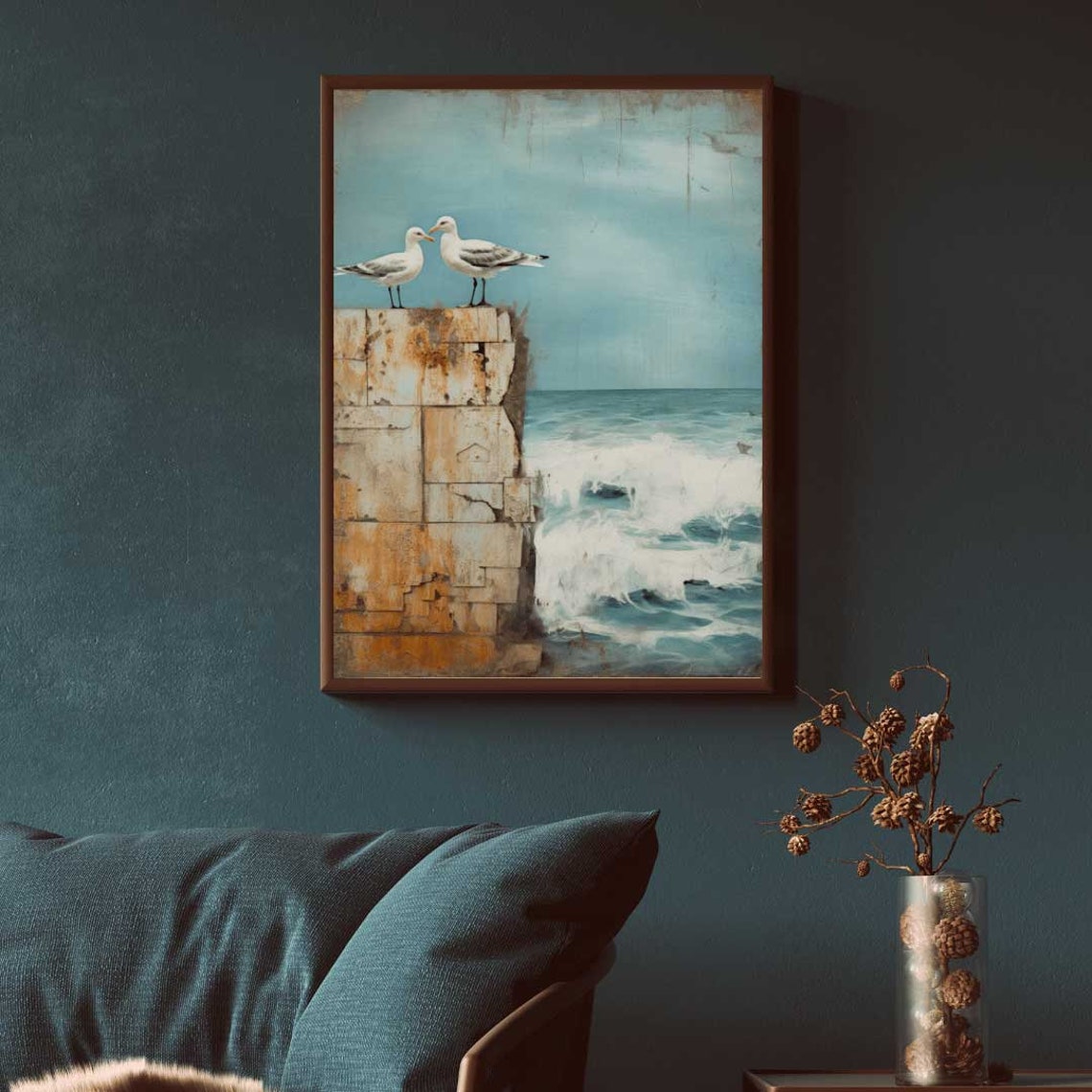 Two Seagulls Perched on a Weathered Pier Above Ocean Waves Poster - Image 2