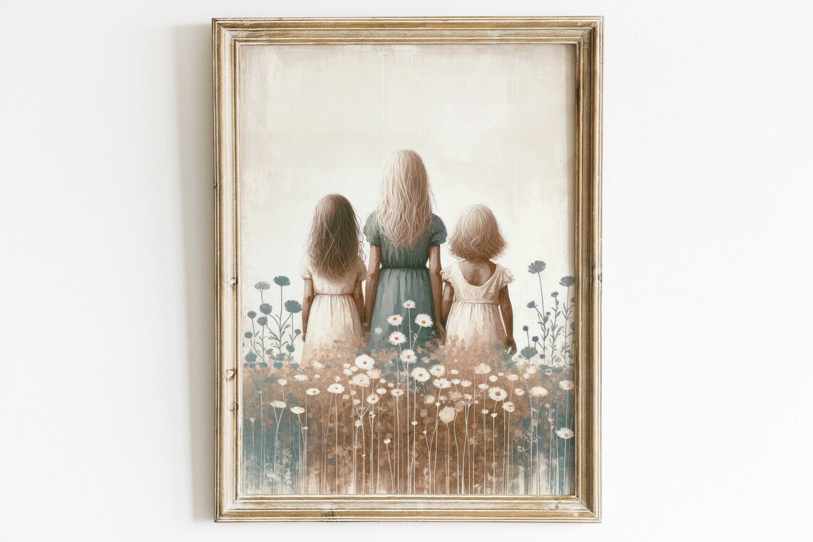 Three Sisters Standing In A Wildflower Field Soft Vintage Nursery Poster