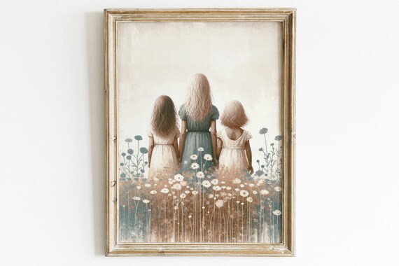 Three Sisters Standing In A Wildflower Field Soft Vintage Nursery Poster