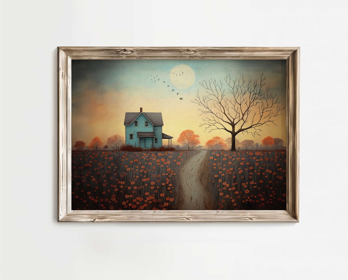 Blue Farmhouse Among Orange Flowers At Sunset With Winding Path Poster