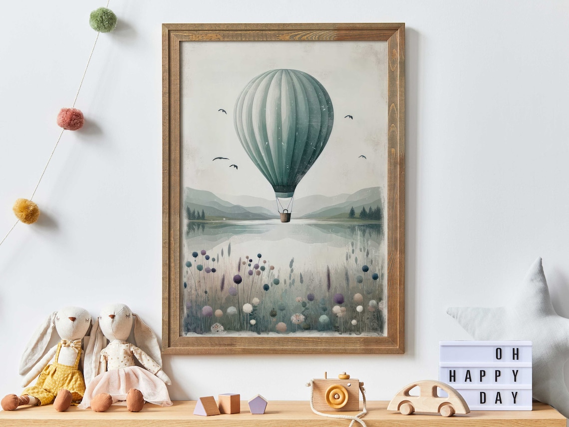 Hot Air Balloon Nursery Art, Teal Landscape Print