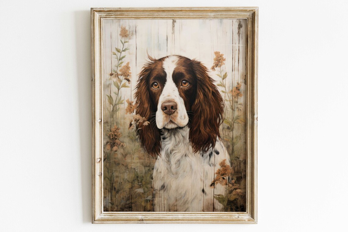 Springer Spaniel Portrait Among Wildflowers Vintage Dog Art Poster