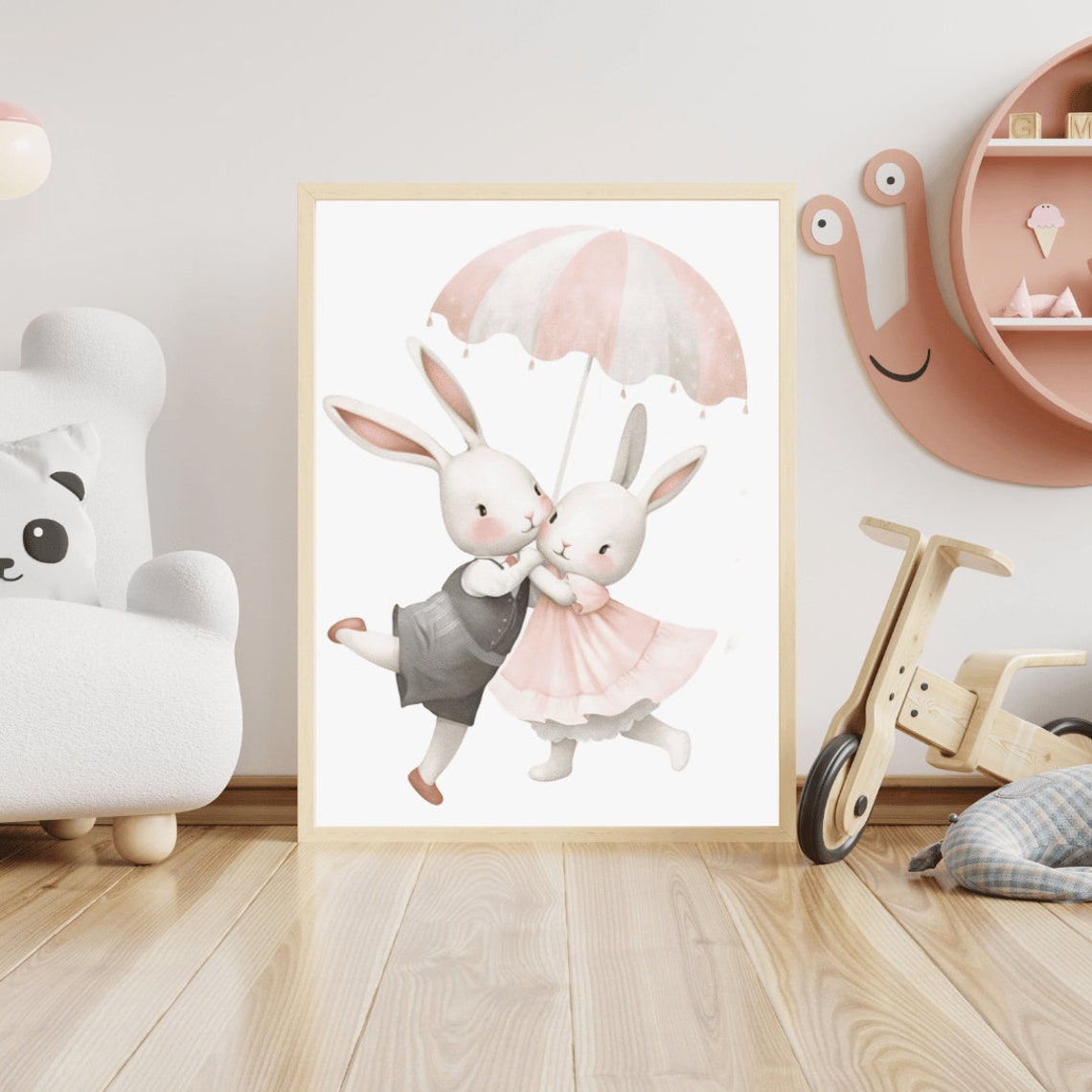 Two Bunnies Sharing A Pink Umbrella Nursery Wall Decor Poster - Image 2