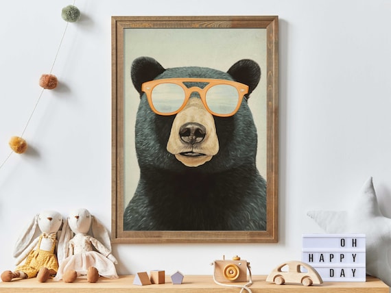 Cool Black Bear Wearing Orange Sunglasses Funny Animal Wall Poster