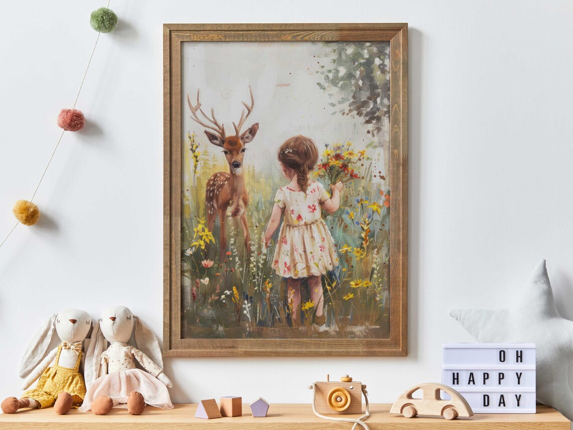 Little Girl and Deer Watercolor Wildflower Meadow Nursery Wall Art