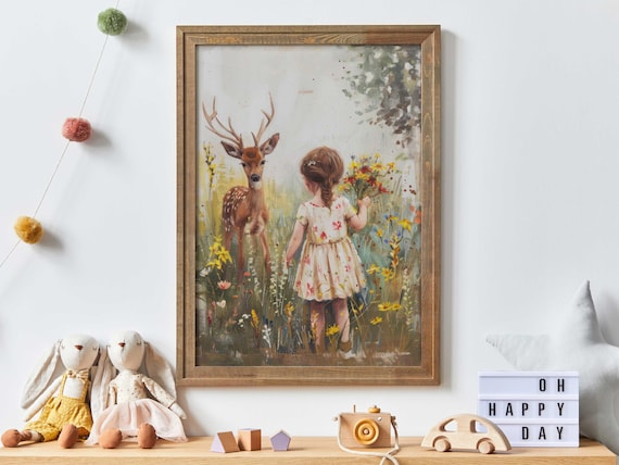 Little Girl and Deer Watercolor Wildflower Meadow Nursery Wall Art