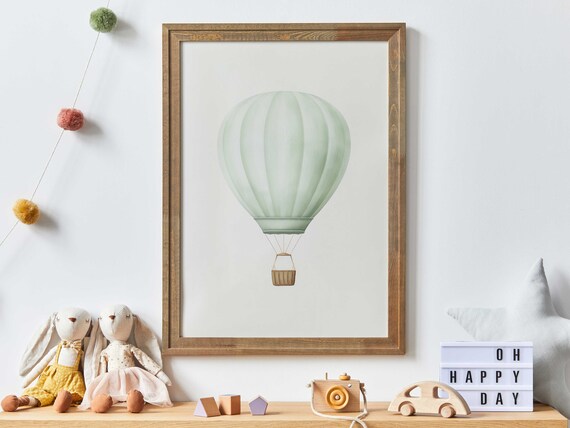 Sage Green Hot Air Balloon Minimalist Pastel Nursery Kids Poster