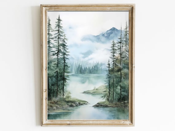 Lake Mountain Watercolor Forest Landscape Art Print