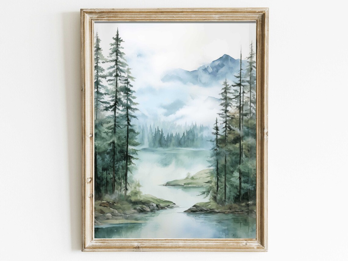 Lake Mountain Watercolor Forest Landscape Art Print