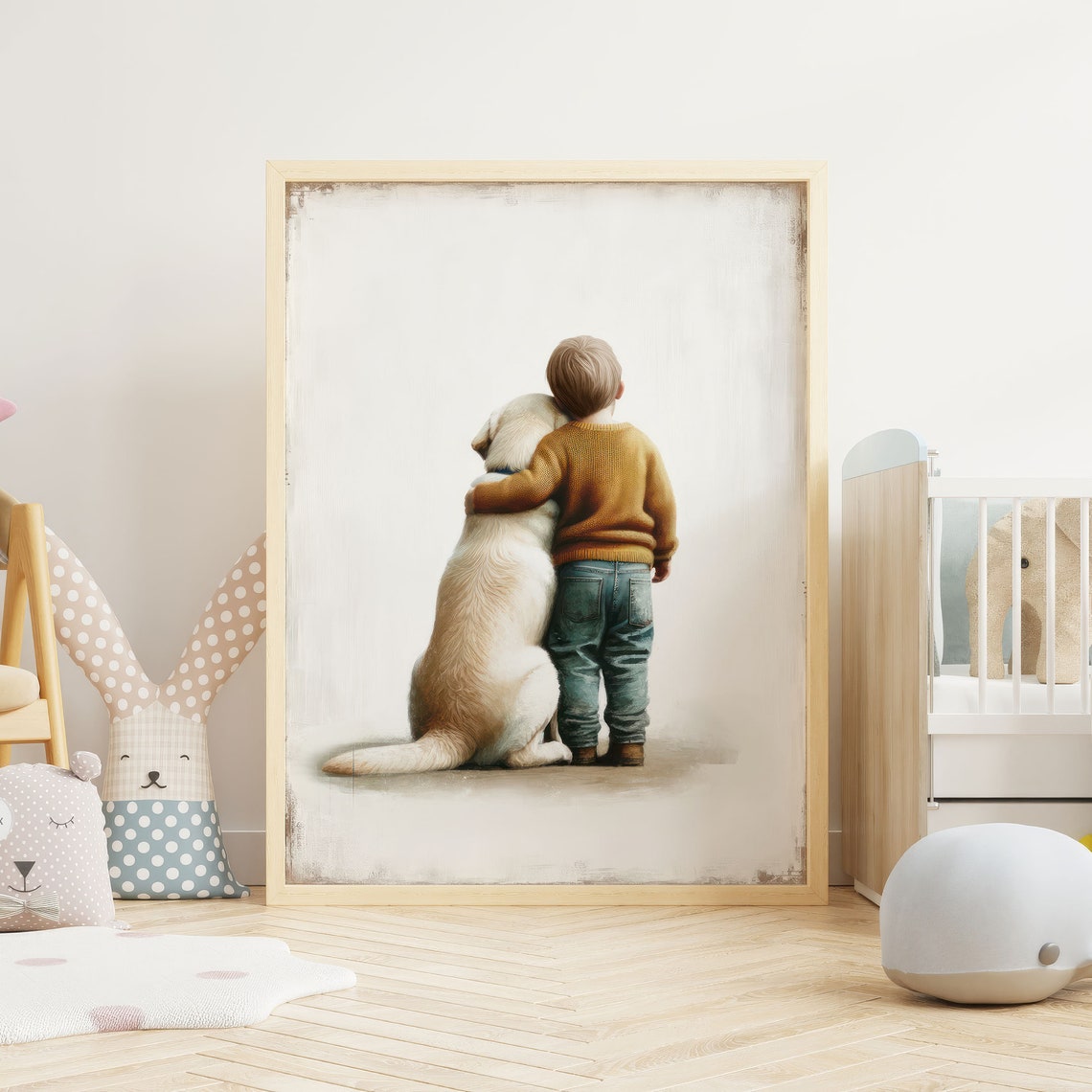 Boy Hugging Yellow Labrador Puppy Vintage Nursery Decor Art Poster - Image 2