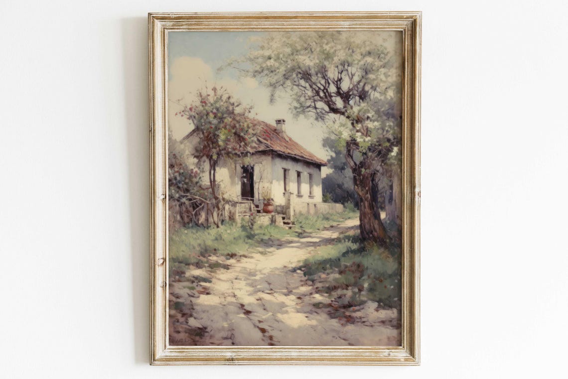 Old Stone Cottage on a Sunlit Country Path Vintage Landscape Poster