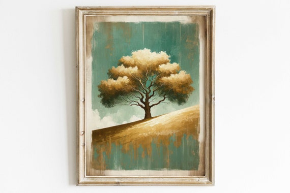 Tree Wall Art Abstract Oak Tree Painting Emerald Golden Rustic Tree Painting Vintage Wall Art Wood Abstract Nature Art