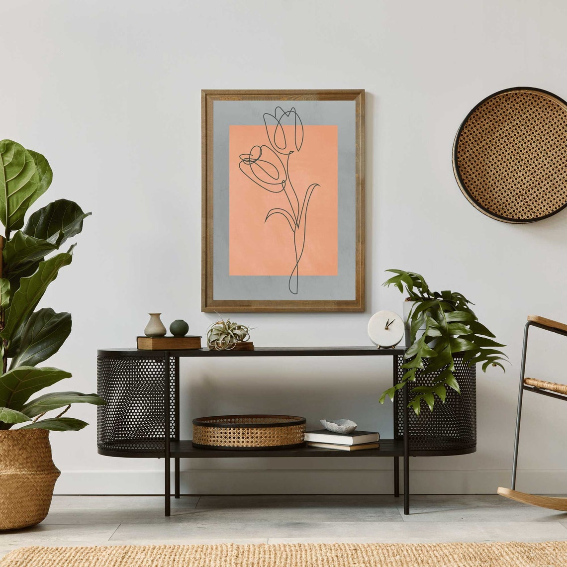 One Line Tulip Sketch on Apricot Boho Minimalist Decor Poster - Image 2