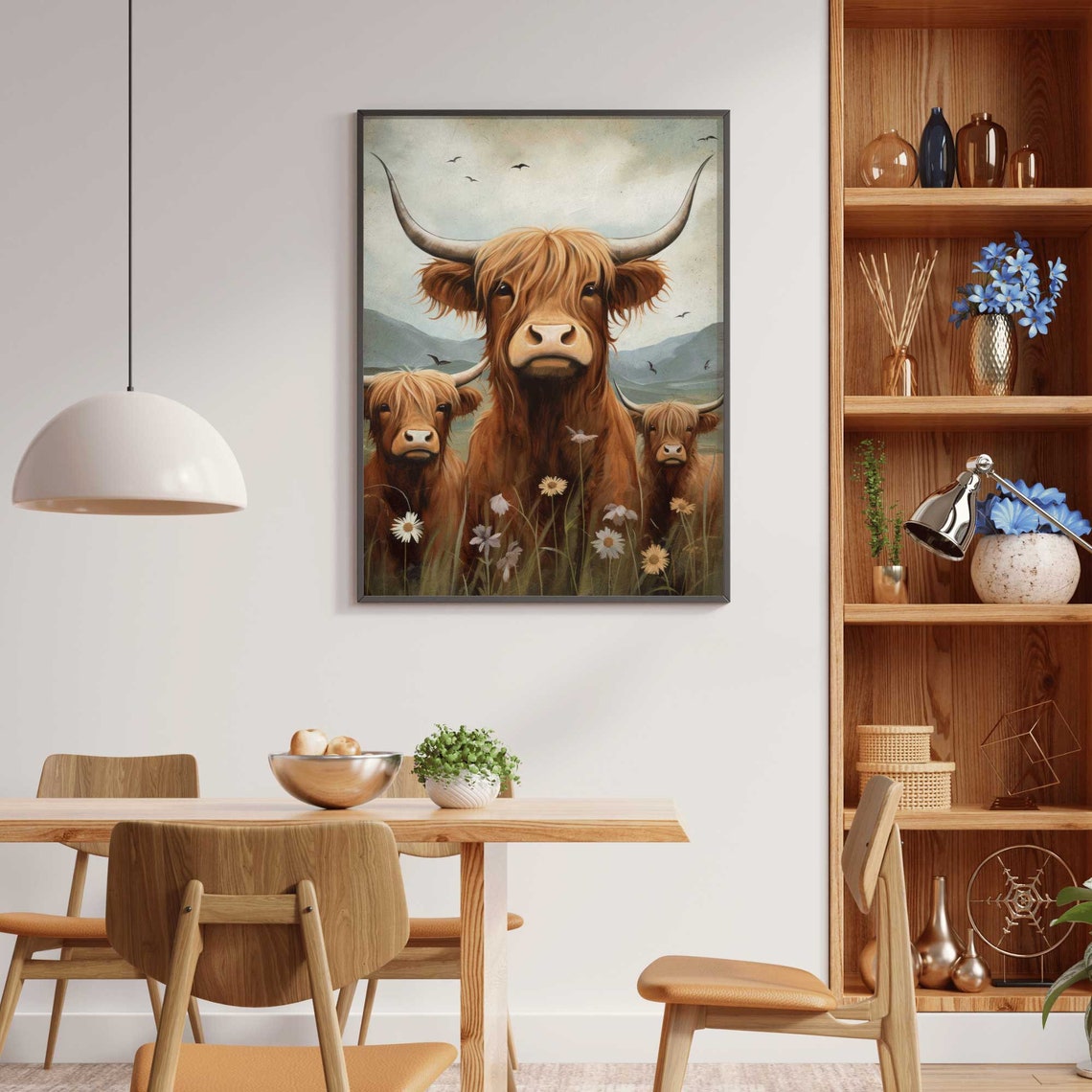 Three Highland Cows Standing in a Wildflower Meadow Farm Poster - Image 2