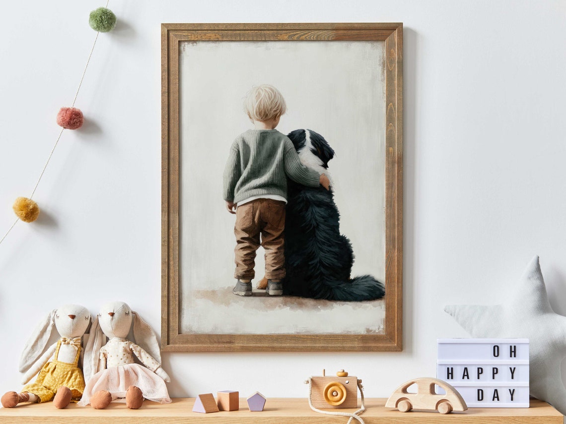 Little Boy Hugging A Bernese Mountain Dog From Behind Nursery Poster