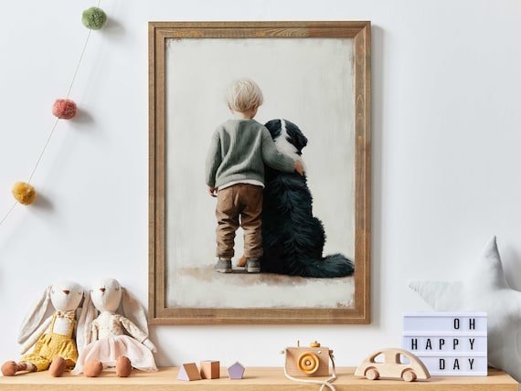 Little Boy Hugging A Bernese Mountain Dog From Behind Nursery Poster