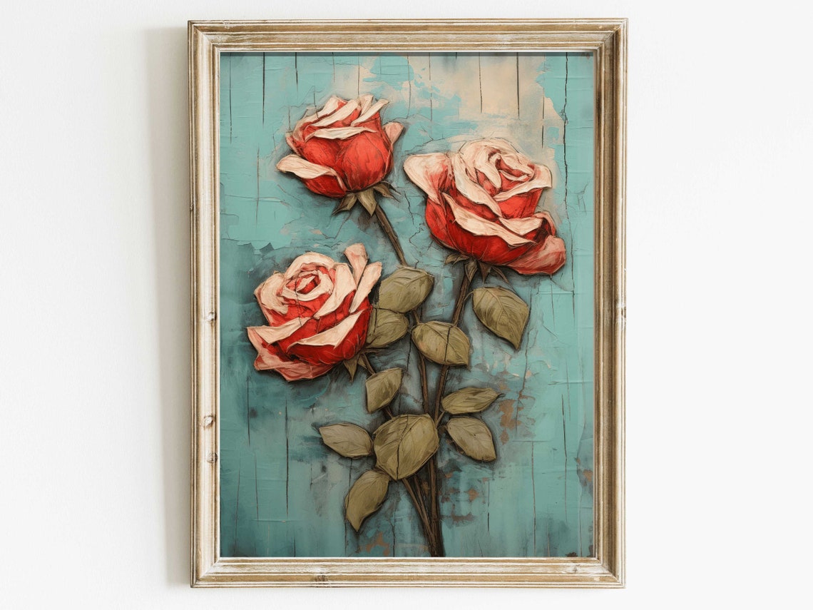 Vintage Red Rose Print Floral Wall Art Flower Bouquet Print Teal And Red Living Room Decor Farmhouse Country Style Art
