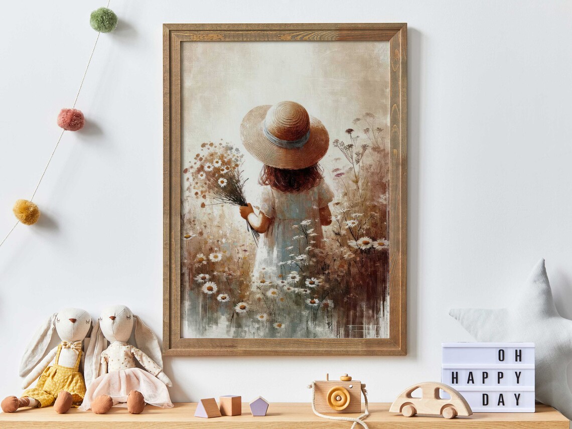 Little Girl In Straw Hat Holding Wildflowers In A Vintage Meadow Print