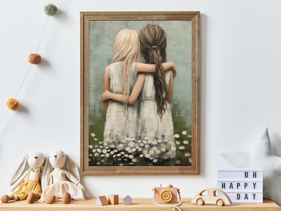 Two Sisters Embracing in a Daisy Field Vintage Nursery Poster