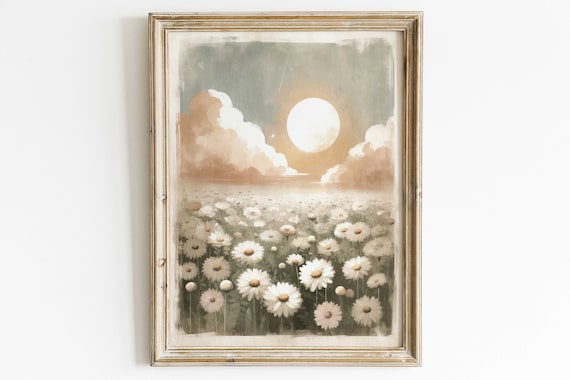 Sunrise Over Endless Daisy Field Soft Cloud Watercolor Poster