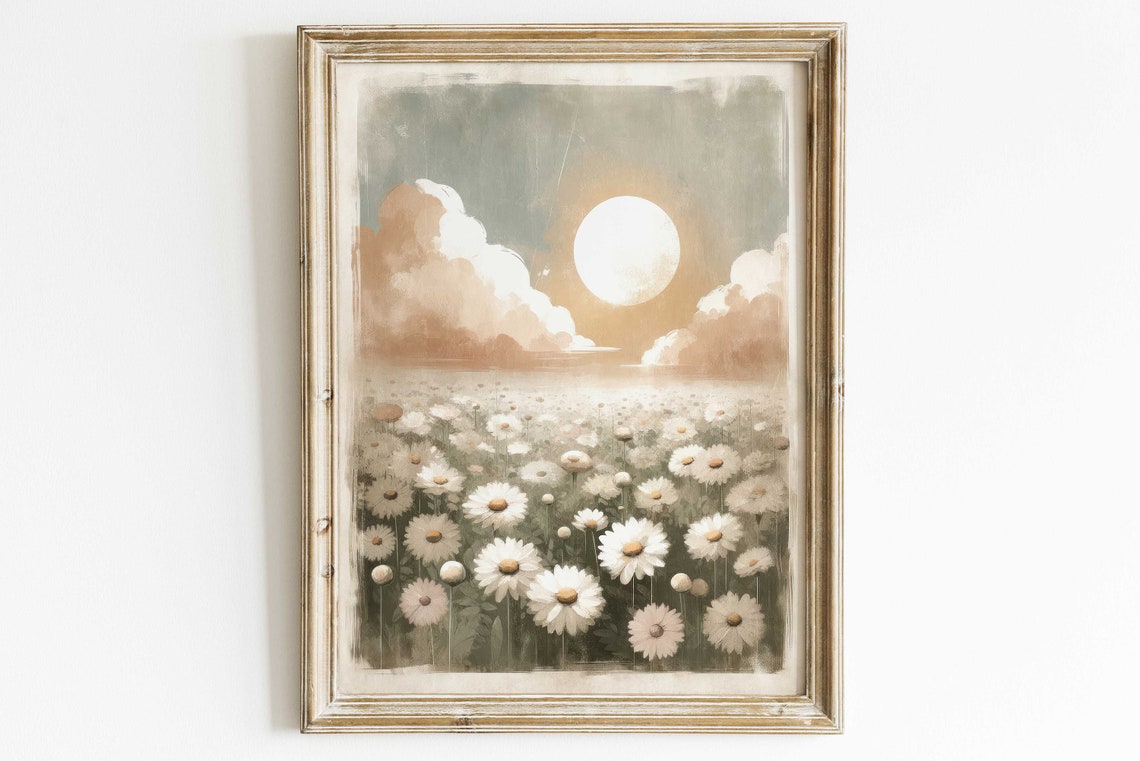Sunrise Over Endless Daisy Field Soft Cloud Watercolor Poster