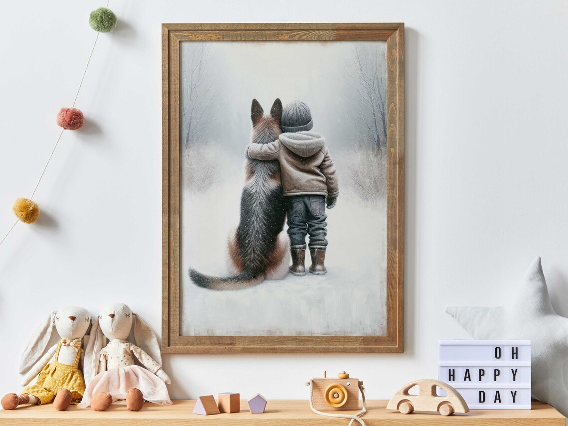 German Shepherd Winter Bond Art Print, Nursery Decor