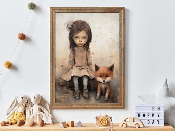 Little Girl Sitting Beside a Red Fox in a Soft Forest Scene Poster