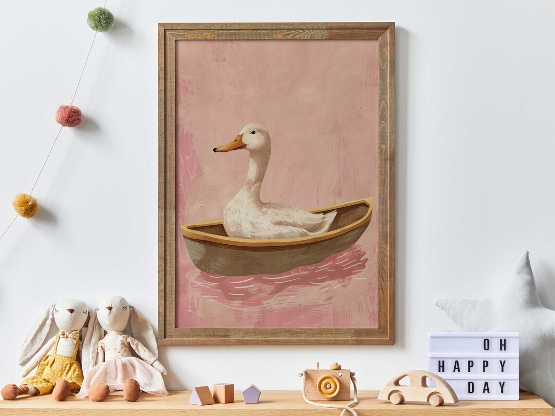White Goose Sitting in Wooden Rowboat on Pink Water Art Poster