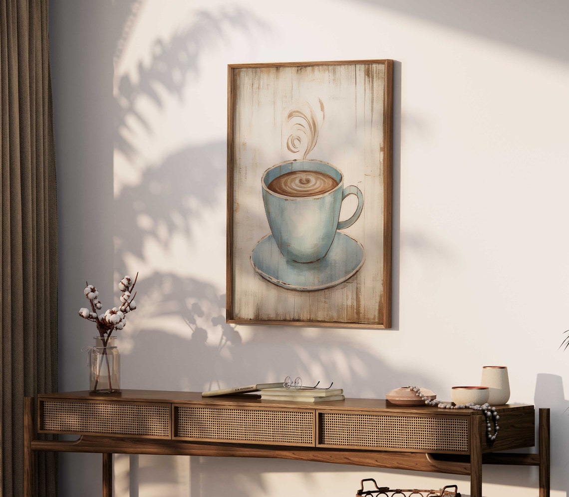 Steaming Coffee Cup in Blue Ceramic on Rustic Wood Kitchen Poster - Image 2