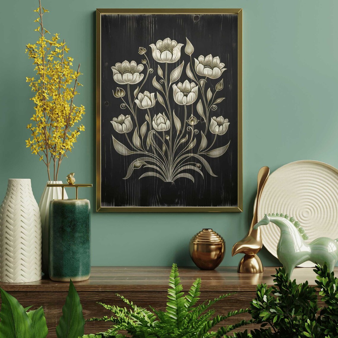 Cream Poppy Blossoms Line Art on Dark Rustic Wood Botanical Poster - Image 2