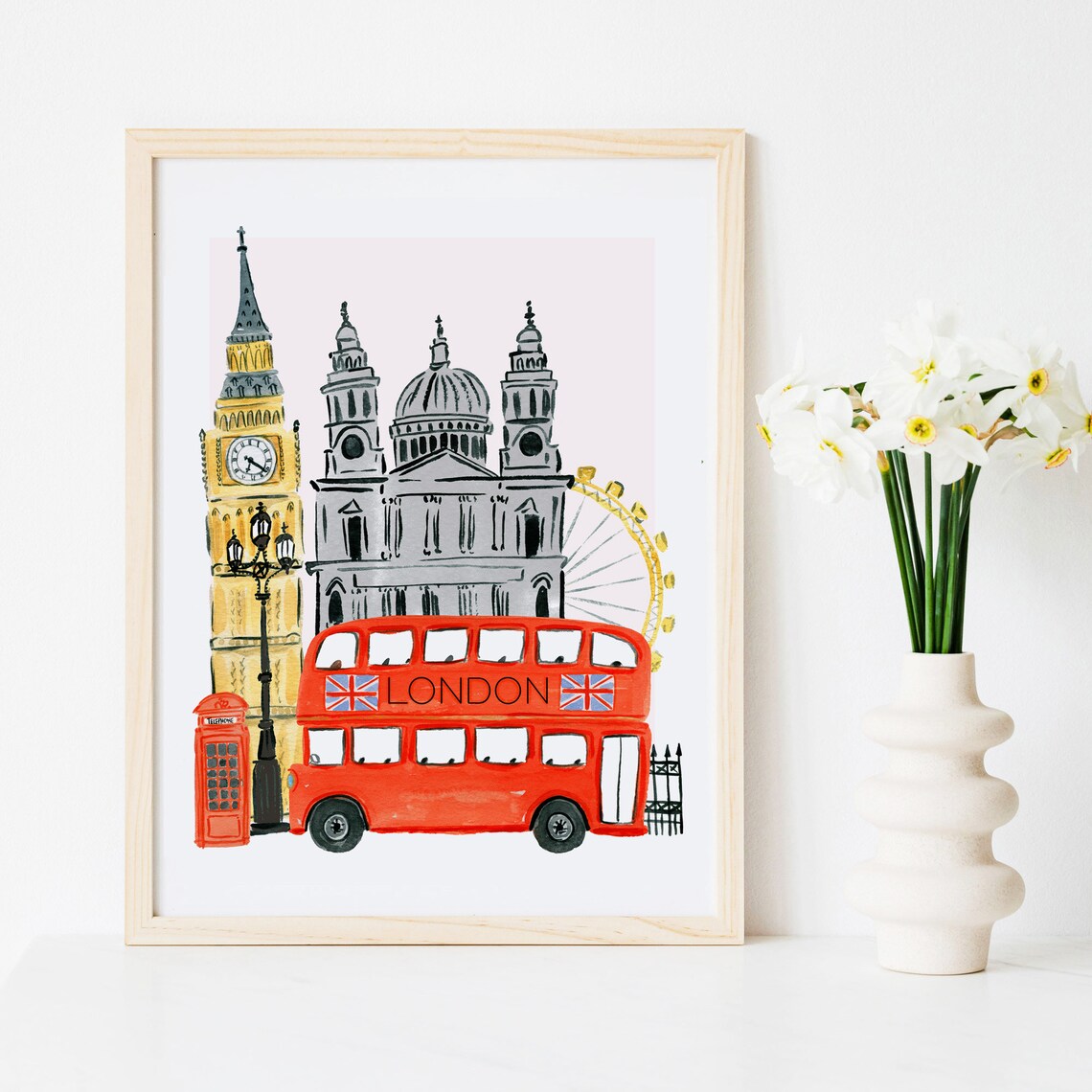 London England Travel Poster, Big Ben and St Paul’s - Image 3