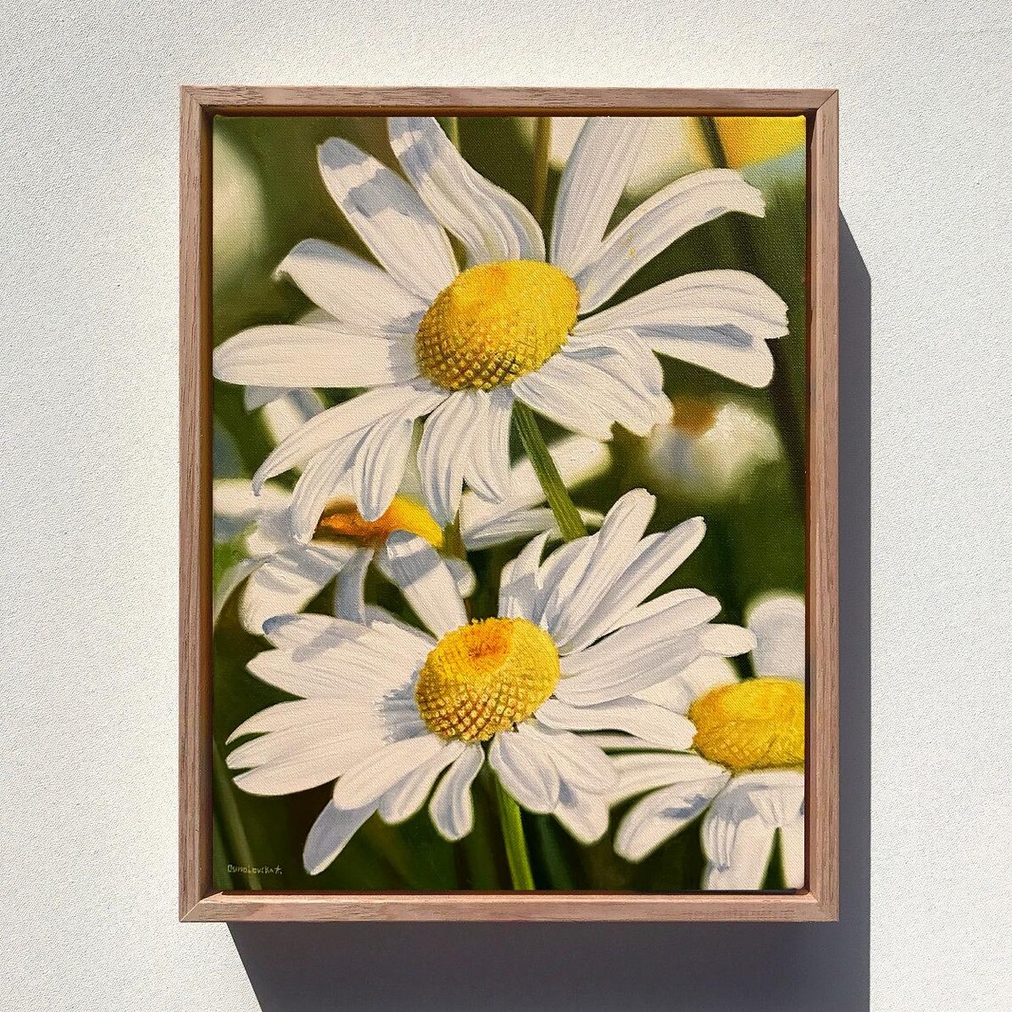 White Daisies Yellow Centers Green Garden Framed Oil Wall Art